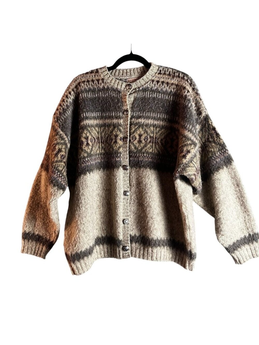 Woolrich Vtg Sweater Womens XL Beige Fair Isle Wool Blend Cardigan USA
